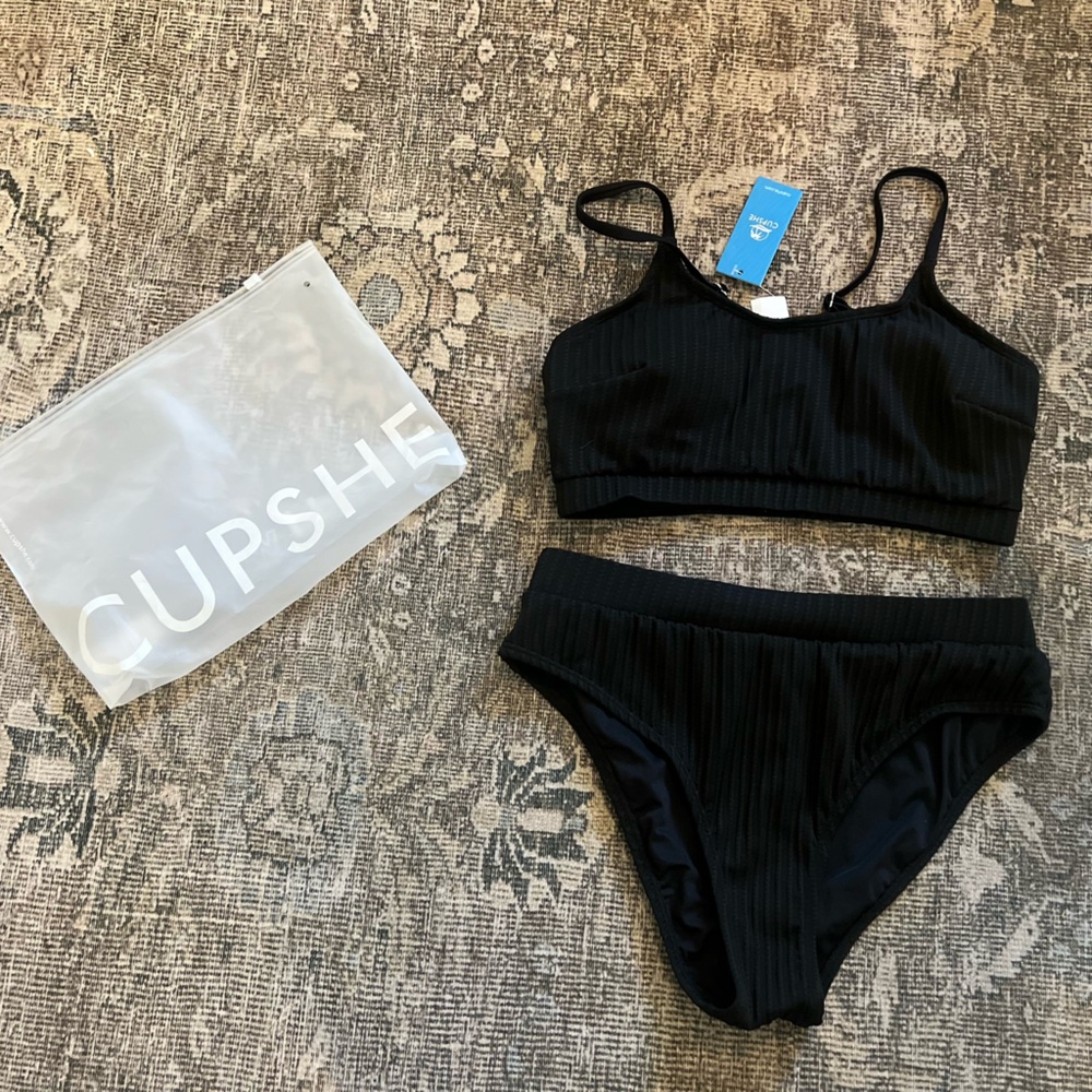 NWT CUPSHE Bikini Two Piece Swimsuit High Waisted Spaghetti Straps Textured Med